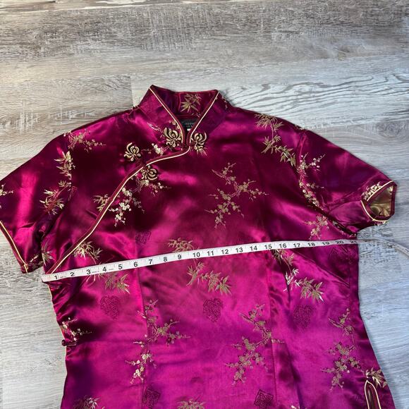 Vintage Cassure Pure Silk Burgundy Cheongsam Top Gold Embroidery Large - Picture 9 of 10
